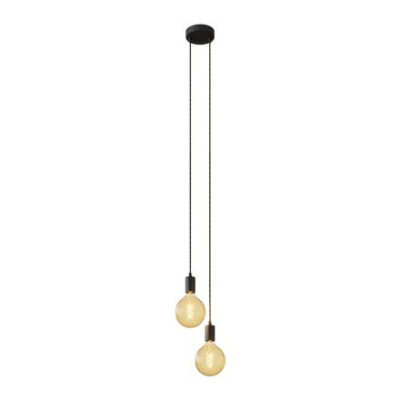  2-light, multi-suspended lamp with fabric cable and metal surface