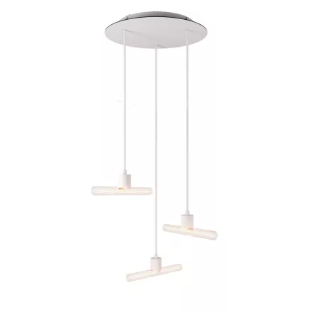 Esse14 suspended lamp with 3 asymmetrical curtains, Rose-One accessories, fabric cables and metal coatings