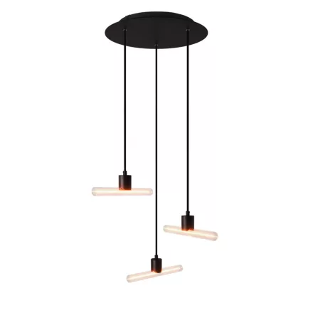 Esse14 suspended lamp with 3 asymmetrical curtains, Rose-One accessories, fabric cables and metal coatings