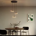 Esse14 suspended lamp with 3 asymmetrical curtains, Rose-One accessories, fabric cables and metal coatings